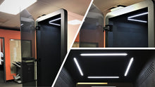 Load image into Gallery viewer, Office Phone Booth 'delta S'. Black soundproof office pod. Getawayer Canada Inc. No ROOM for distractions. Made in Canada. Black felt interior.