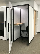 Load image into Gallery viewer, Office phone booth 'Tilbury S' with adjustable combo-desk, switches for lights and ventilation, 120V power outllet and stool. White colour.