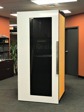 Load image into Gallery viewer, Office Privacy pod 'Tiblury S' white door and yellow #602 felt side walls. Privacy pod made in Canada, Vancouver BC. No ROOM for distraction.