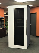 Load image into Gallery viewer, Office Phone Booth 'Tiblury S' white door and grey #612 felt side walls. Privacy pod made in Canada, Vancouver BC. No ROOM for distraction.