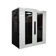 Load image into Gallery viewer, Soundproof Micro-Office Pod 'Tilbury M' with windows. Black sides  and white doors.