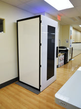 Load image into Gallery viewer, Office phone booth 'Tilbury S' with adjustable combo-desk, switches for lights and ventilation, 120V power outllet and stool. White colour.