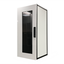 Load image into Gallery viewer, Office phone booth 'Tilbury S' with adjustable compact desk, motion sensor switch for lights and ventilation and stool. Desk installed for seating position. No ROOM for distraction.
