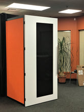 Load image into Gallery viewer, Office phone booth 'Tiblury S' white door and orange #603 felt side walls. Privacy pod made in Canada, Vancouver BC. No ROOM for distraction.