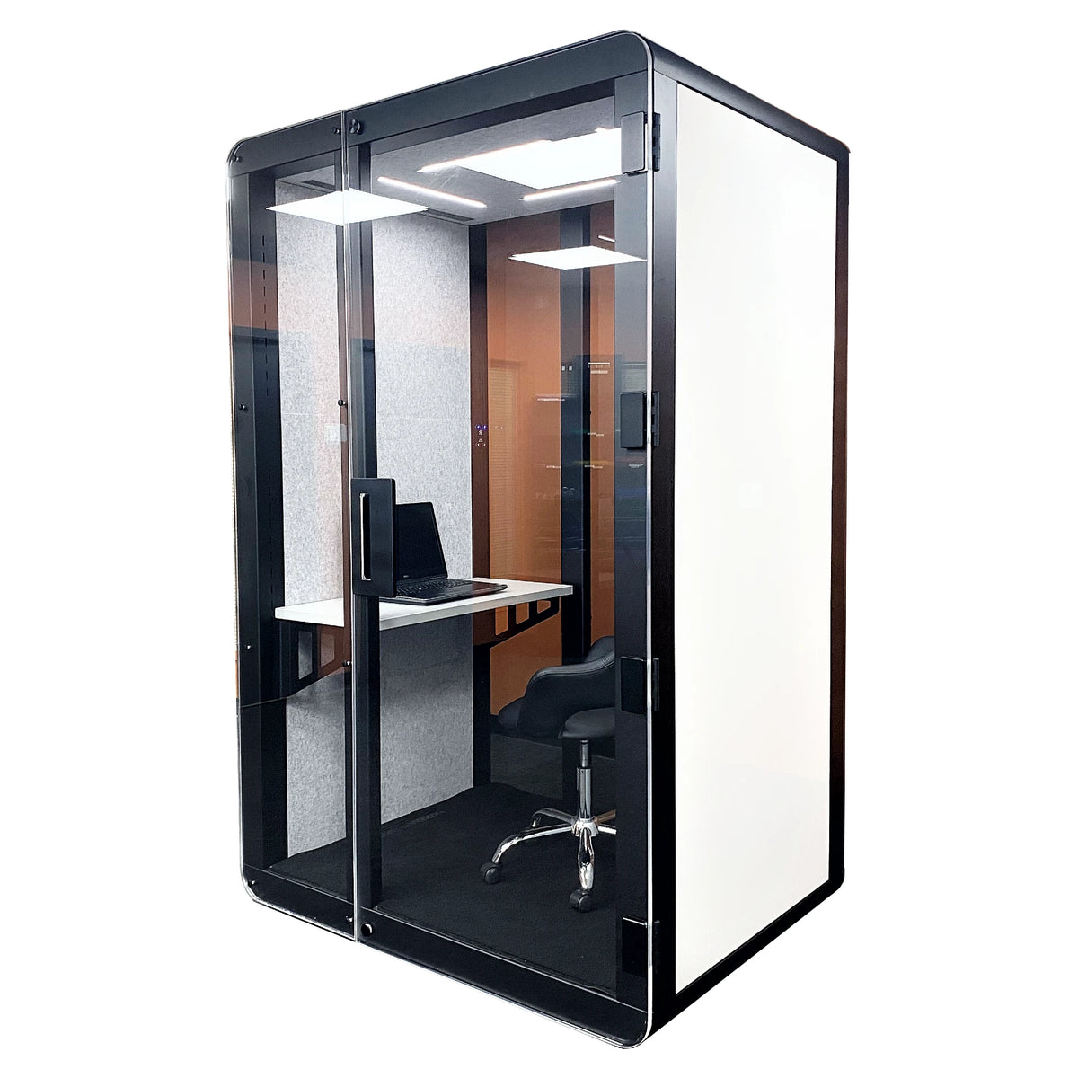 Soundproof Micro-office 'delta M' by Getawayer Canada Inc. Now available in the USA. Portable office pod. Privacy booth. Individual workstation.