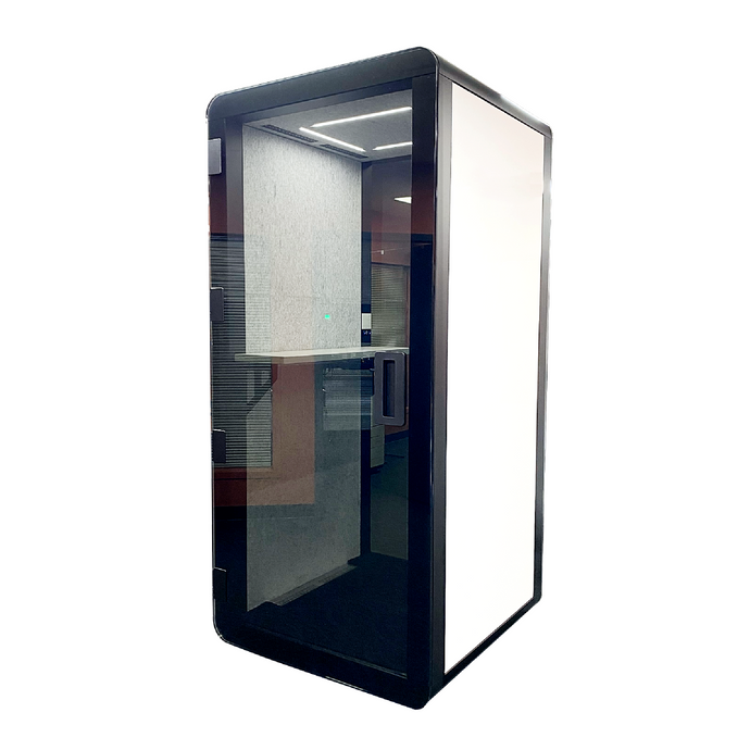 Infinite white Office Phone Booth 'delta S'. White soundproof office pod. Gawayer Canada Inc. No ROOM for distractions. Made in Canada.