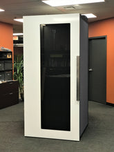 Load image into Gallery viewer, Office Phone Booth &#39;Tiblury S&#39; white door and grey #612 felt side walls. Privacy pod made in Canada, Vancouver BC. No ROOM for distraction.
