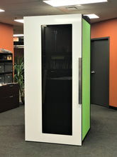 Load image into Gallery viewer, Office Phone Booth &#39;Tiblury S&#39; white door and green acoustic felt side walls. Privacy pod made in Canada, Vancouver BC. No ROOM for distraction.
