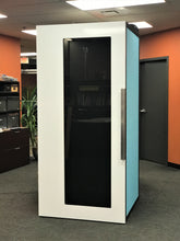 Load image into Gallery viewer, Office phone booth &#39;Tiblury S&#39; white door and blue #635 felt side walls. Privacy pod made in Canada, Vancouver BC. No ROOM for distraction.
