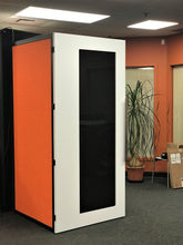 Load image into Gallery viewer, Office phone booth &#39;Tiblury S&#39; white door and orange #603 felt side walls. Privacy pod made in Canada, Vancouver BC. No ROOM for distraction.
